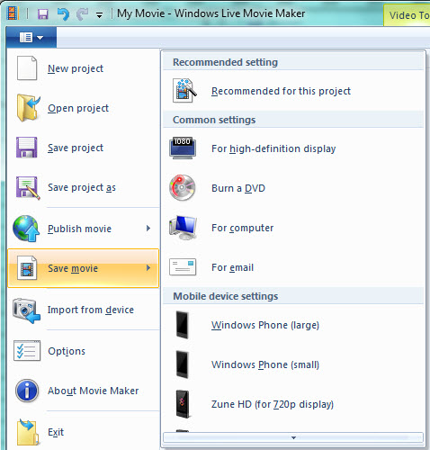 Save WLMP project file as a video file