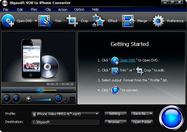 Screenshot of Bigasoft VOB to iPhone Converter